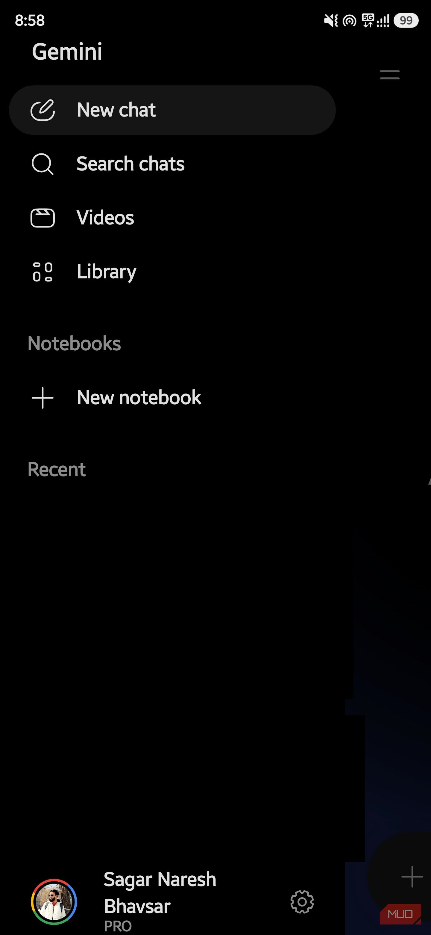 Gemini sidebar with options for new chats, search, videos, library, and notebooks