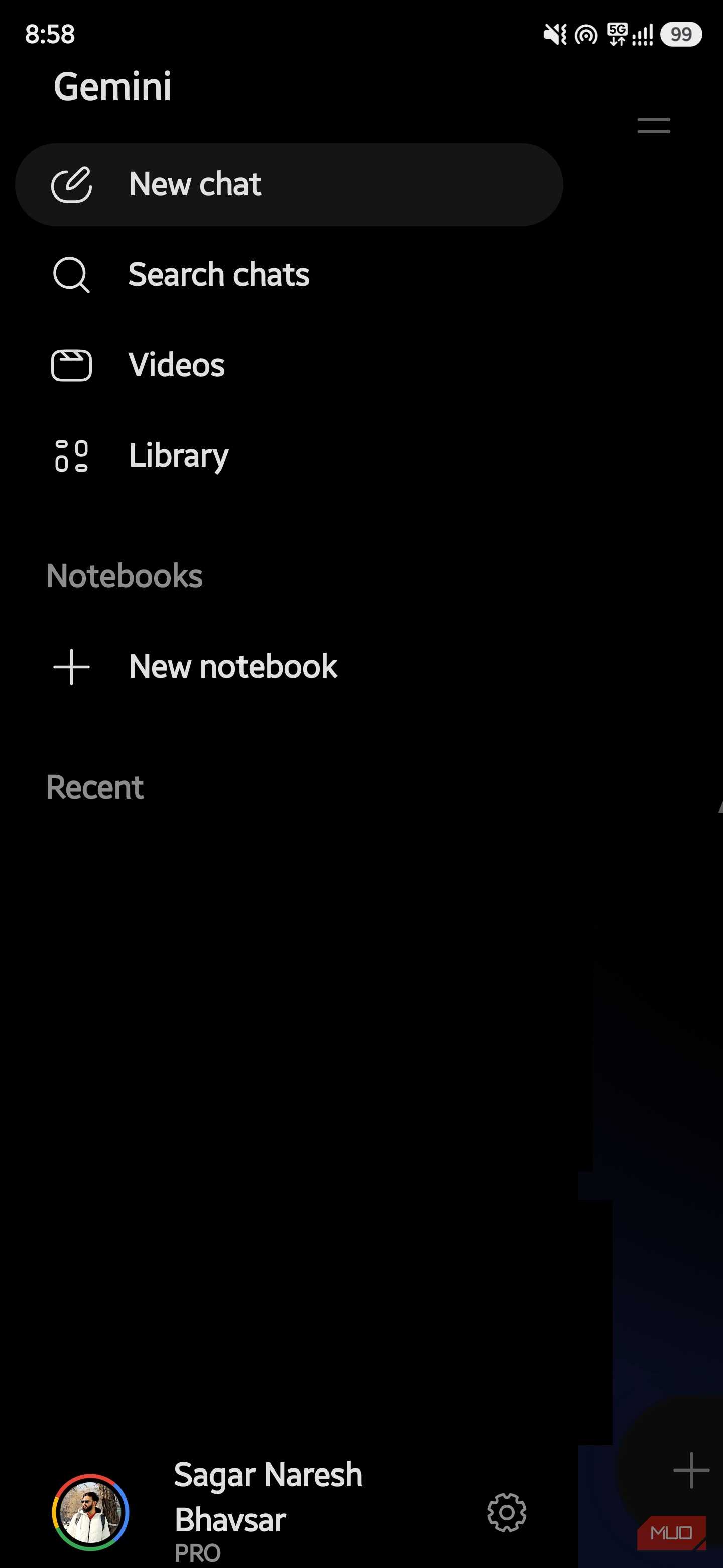 Gemini sidebar with options for new chats, search, videos, library, and notebooks
