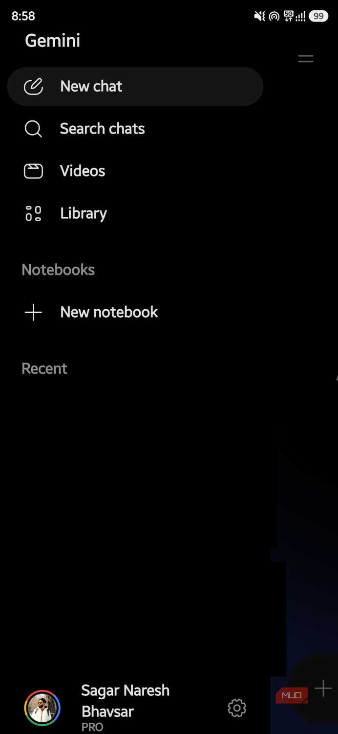 Gemini sidebar with options for new chats, search, videos, library, and notebooks