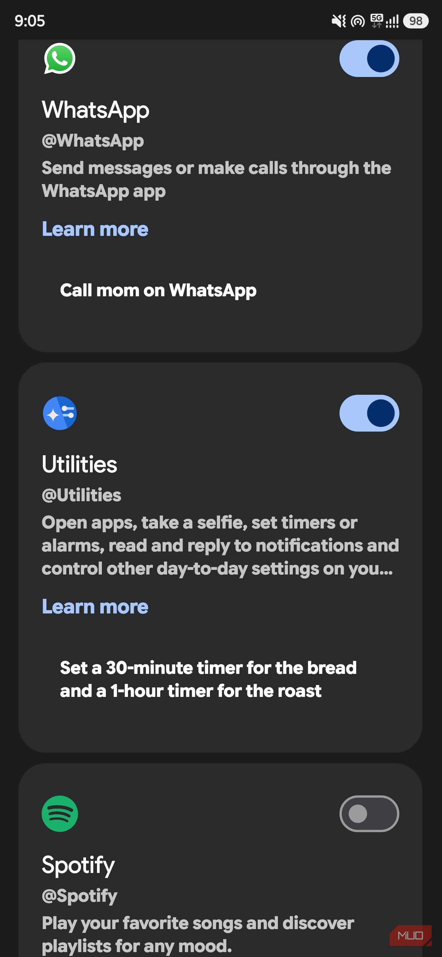Gemini Connected Apps page showing WhatsApp, Utilities, and Spotify integration toggles