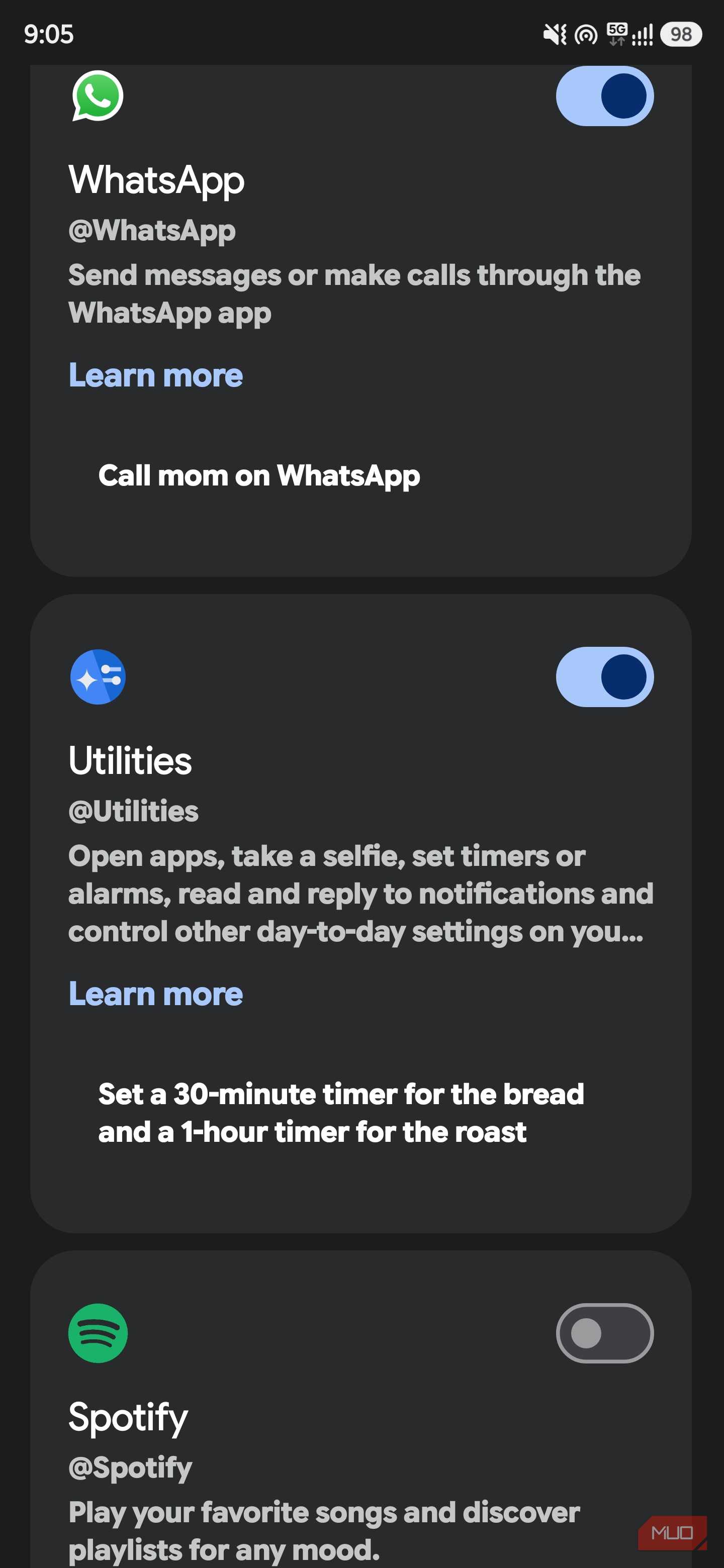 Gemini Connected Apps page showing WhatsApp, Utilities, and Spotify integration toggles