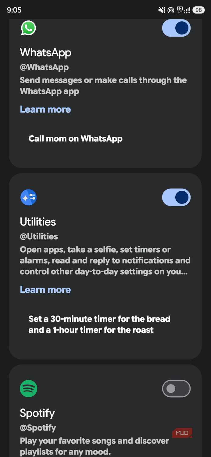 Gemini Connected Apps page showing WhatsApp, Utilities, and Spotify integration toggles