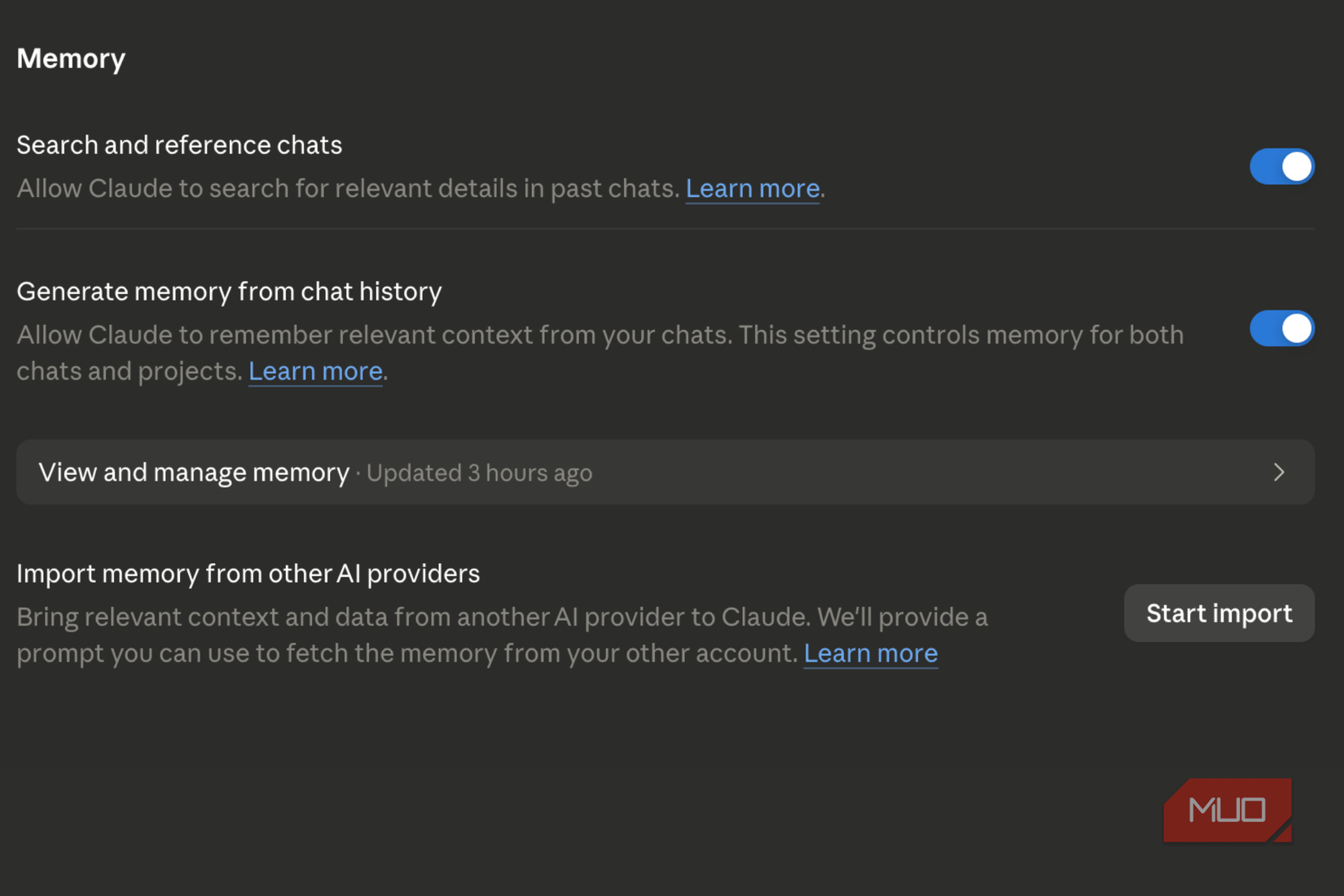 Generate memory from chat history enabled on Claude