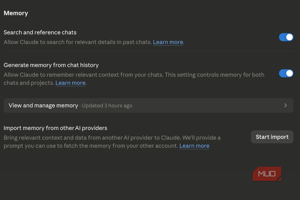 The memory generation setting allows Claude to build context from your chat history.
