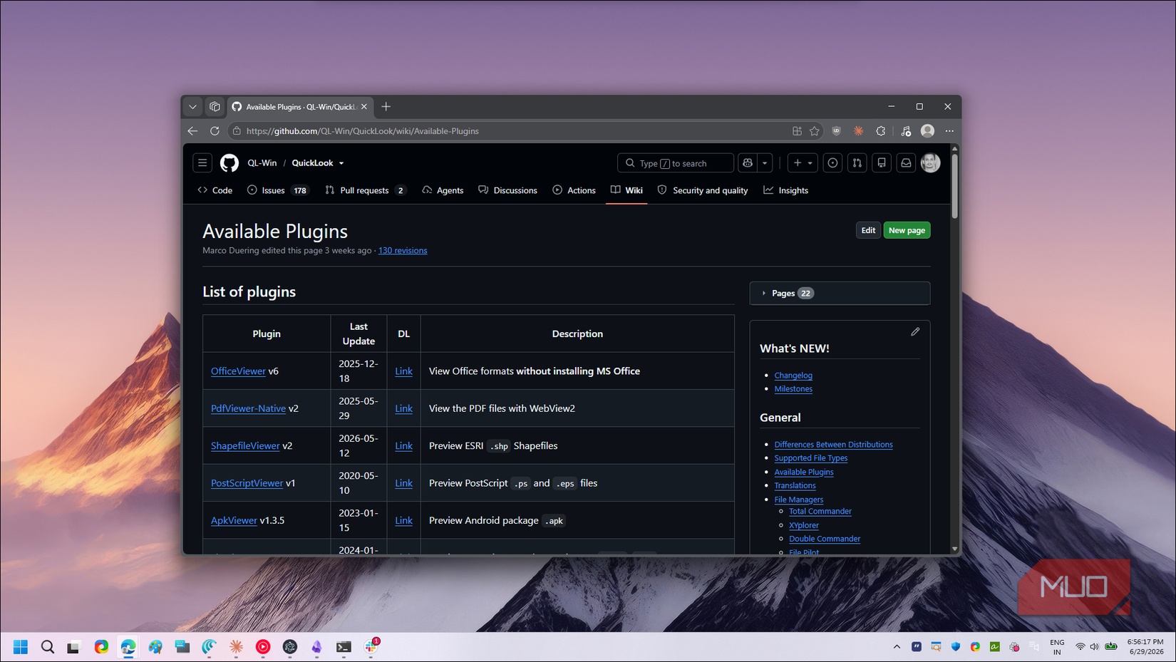 GitHub QuickLook available plugins wiki page