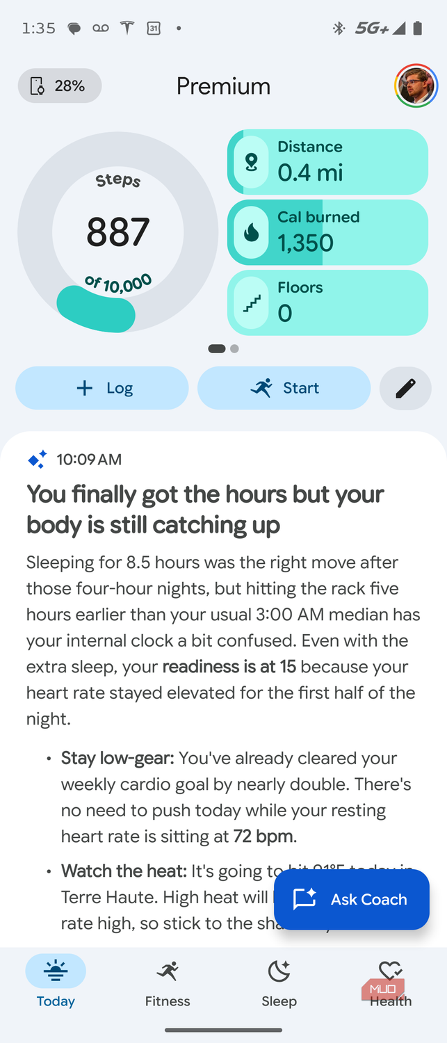 Viewing health and fitness data in the Google Health app.