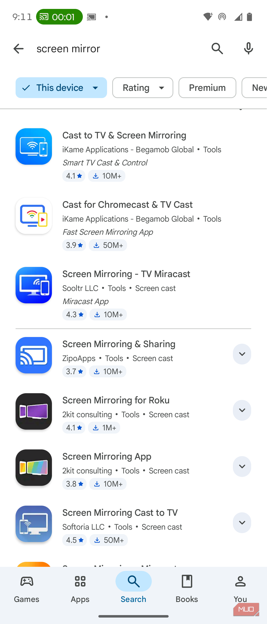 The mirroring live notification in the status bar.