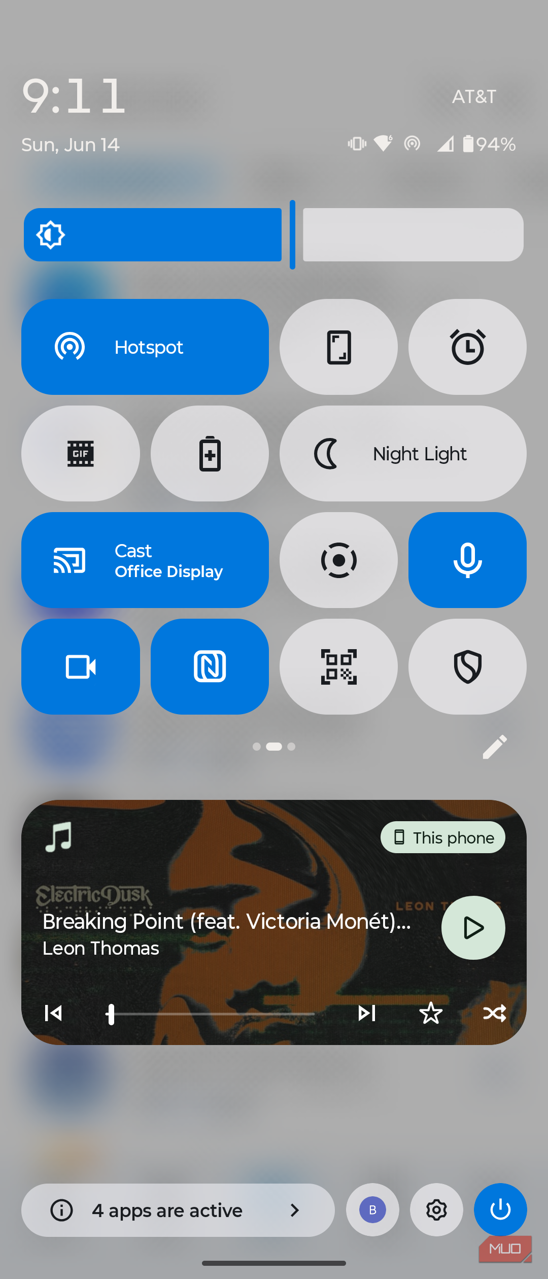 The Google Cast toggle in the control panel.