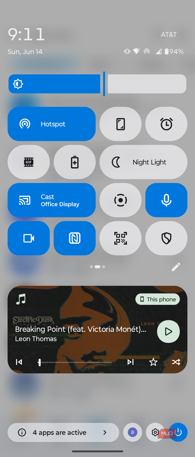 The Google Cast toggle in the control panel.