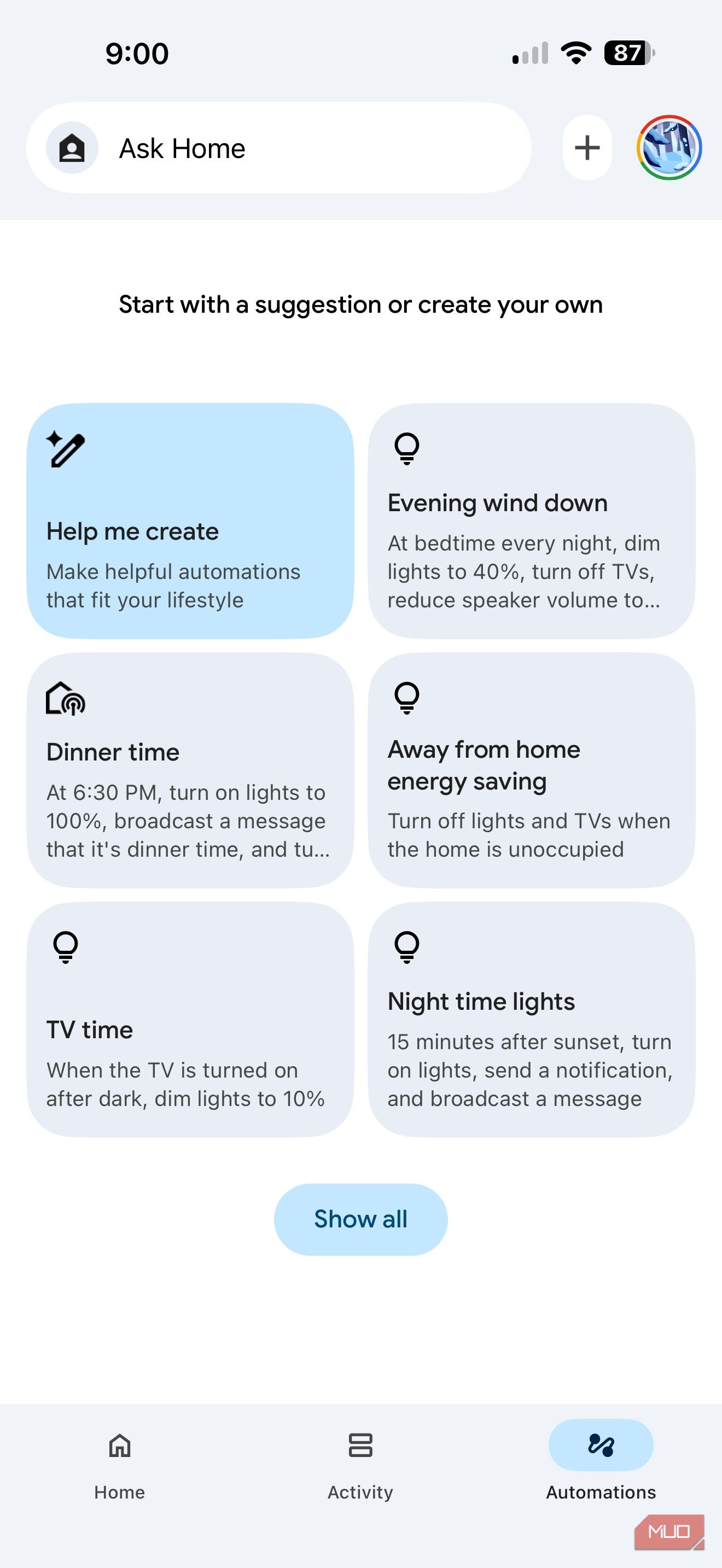 Screenshot of Google Home automations.