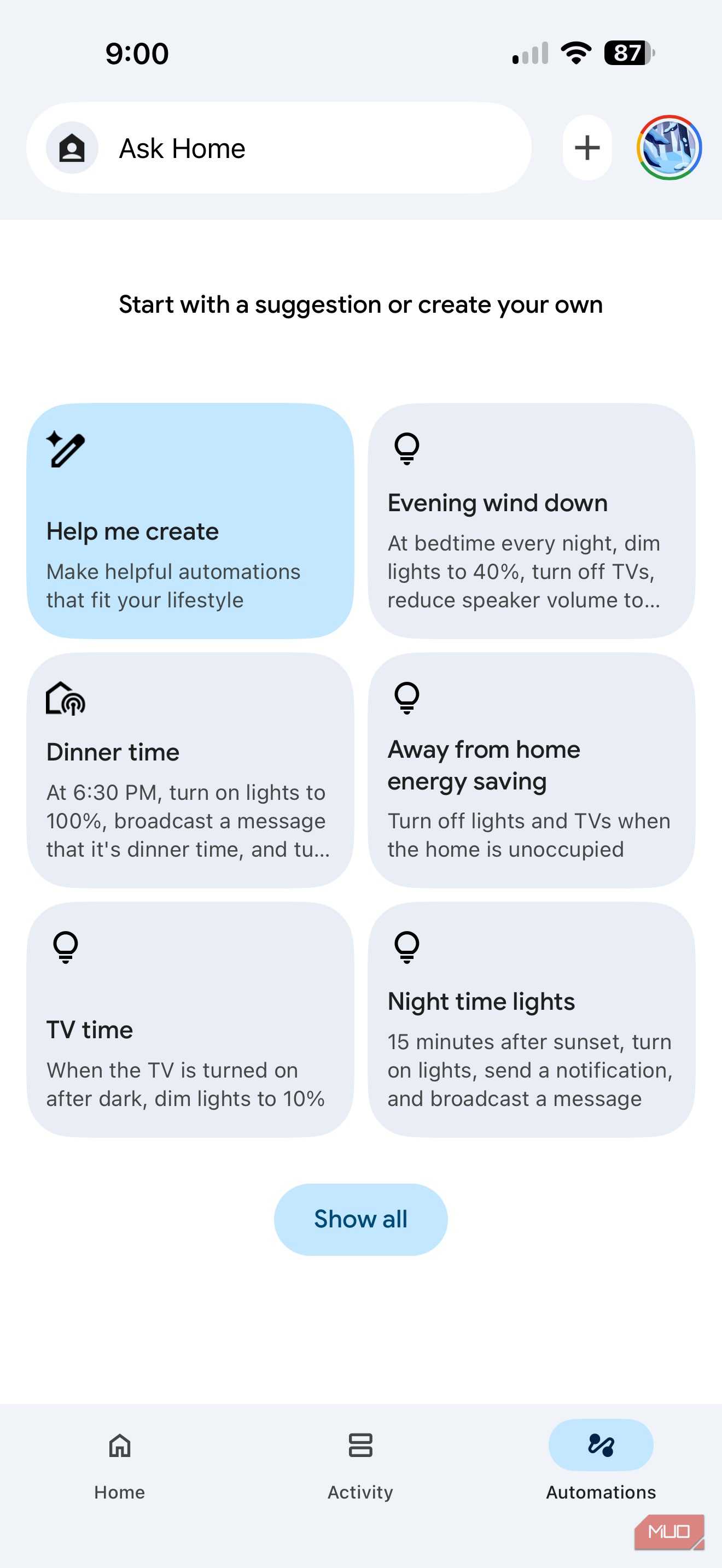 Screenshot of Google Home automations.