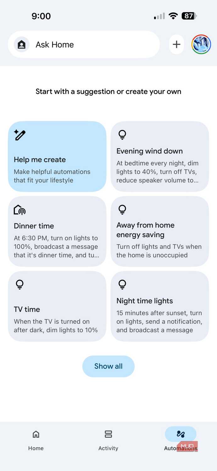 Screenshot of Google Home automations.