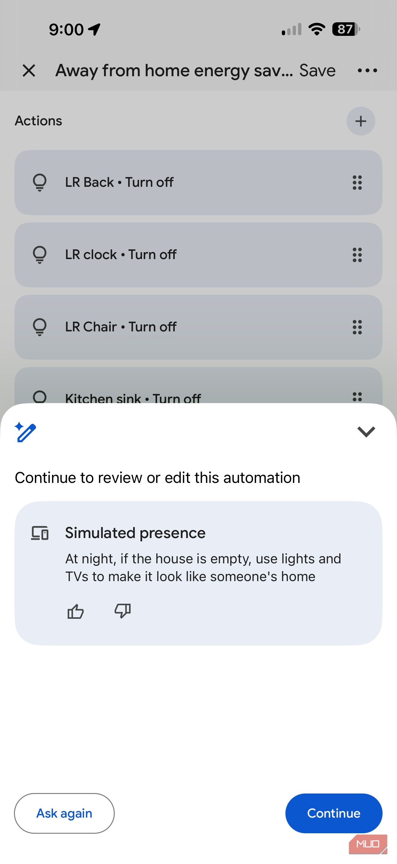 Screenshot of Google Home automations.
