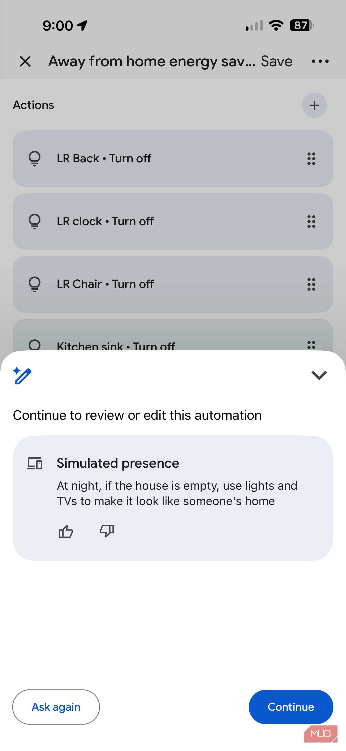 Screenshot of Google Home automations.