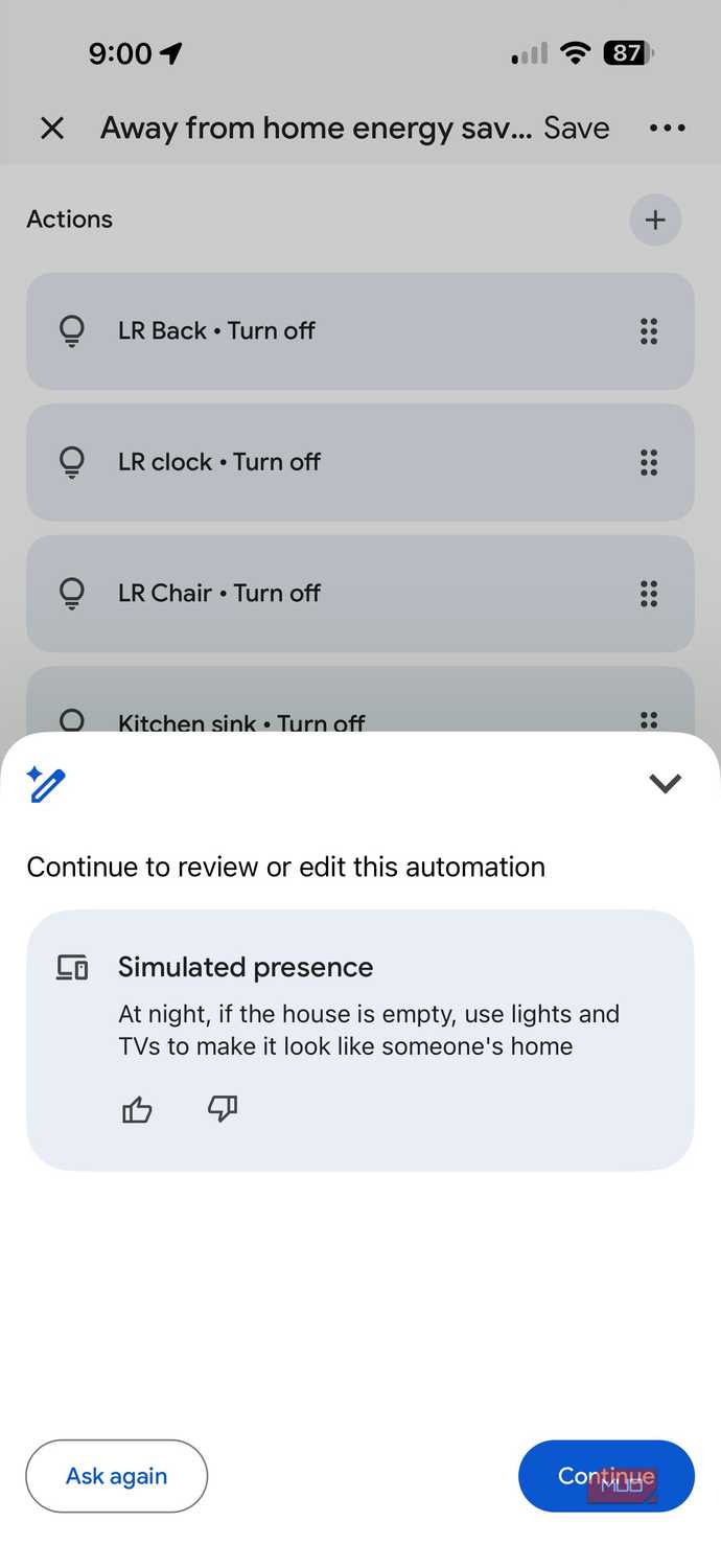 Screenshot of Google Home automations.