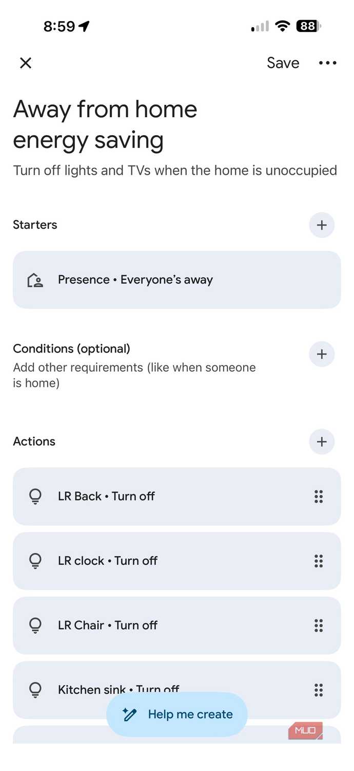 Screenshot of Google Home automations.