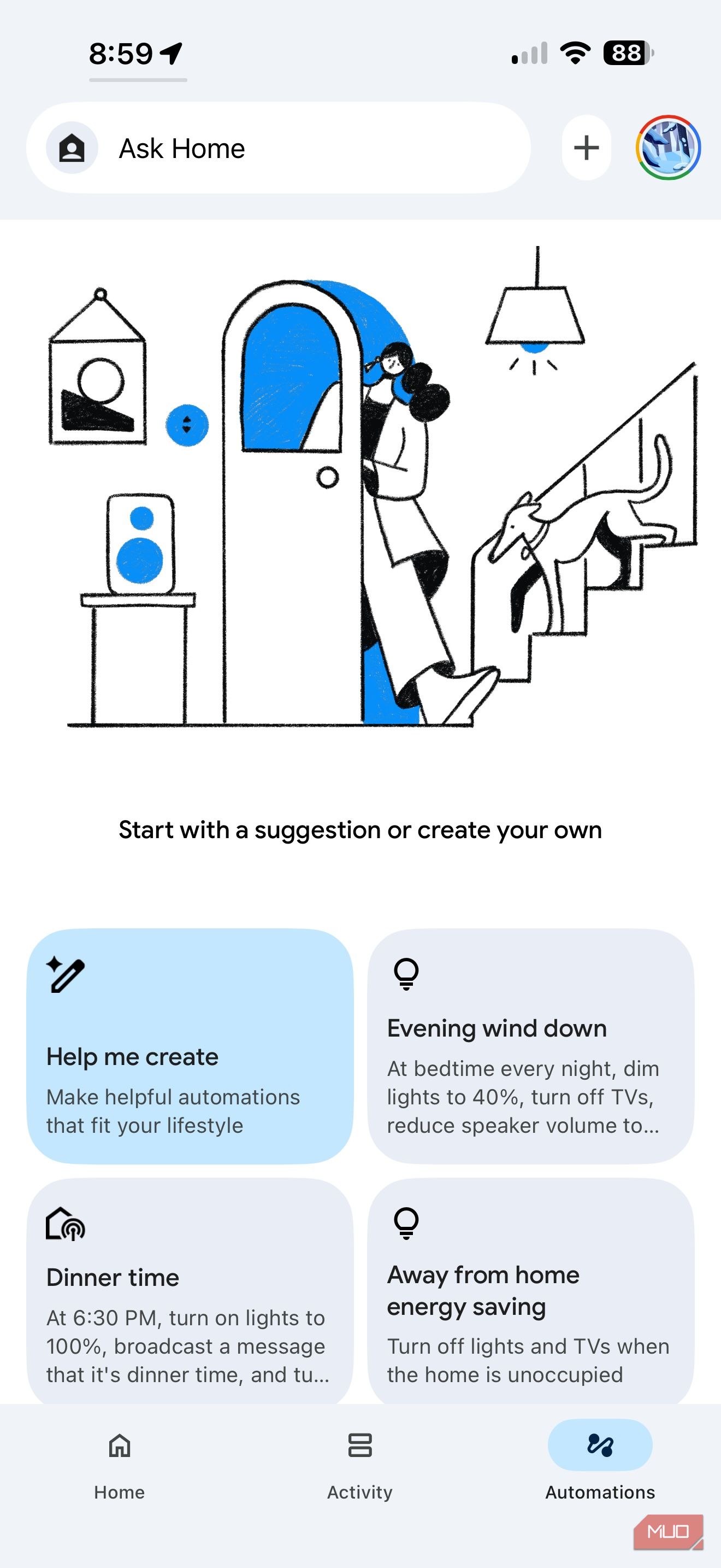 Screenshot of Google Home automations.