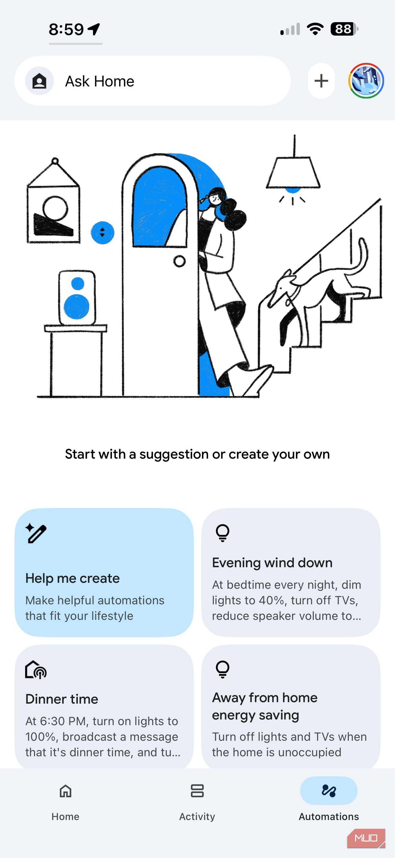 Screenshot of Google Home automations.
