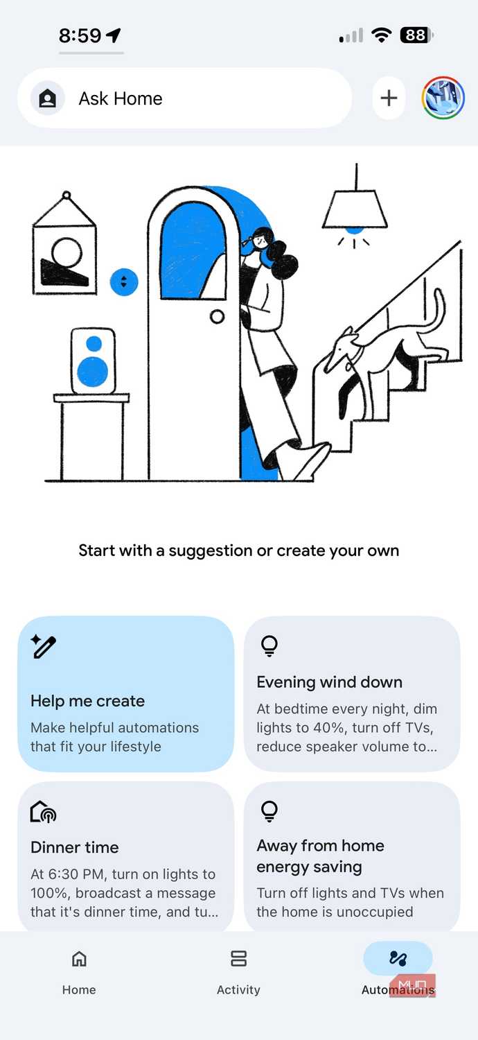 Screenshot of Google Home automations.