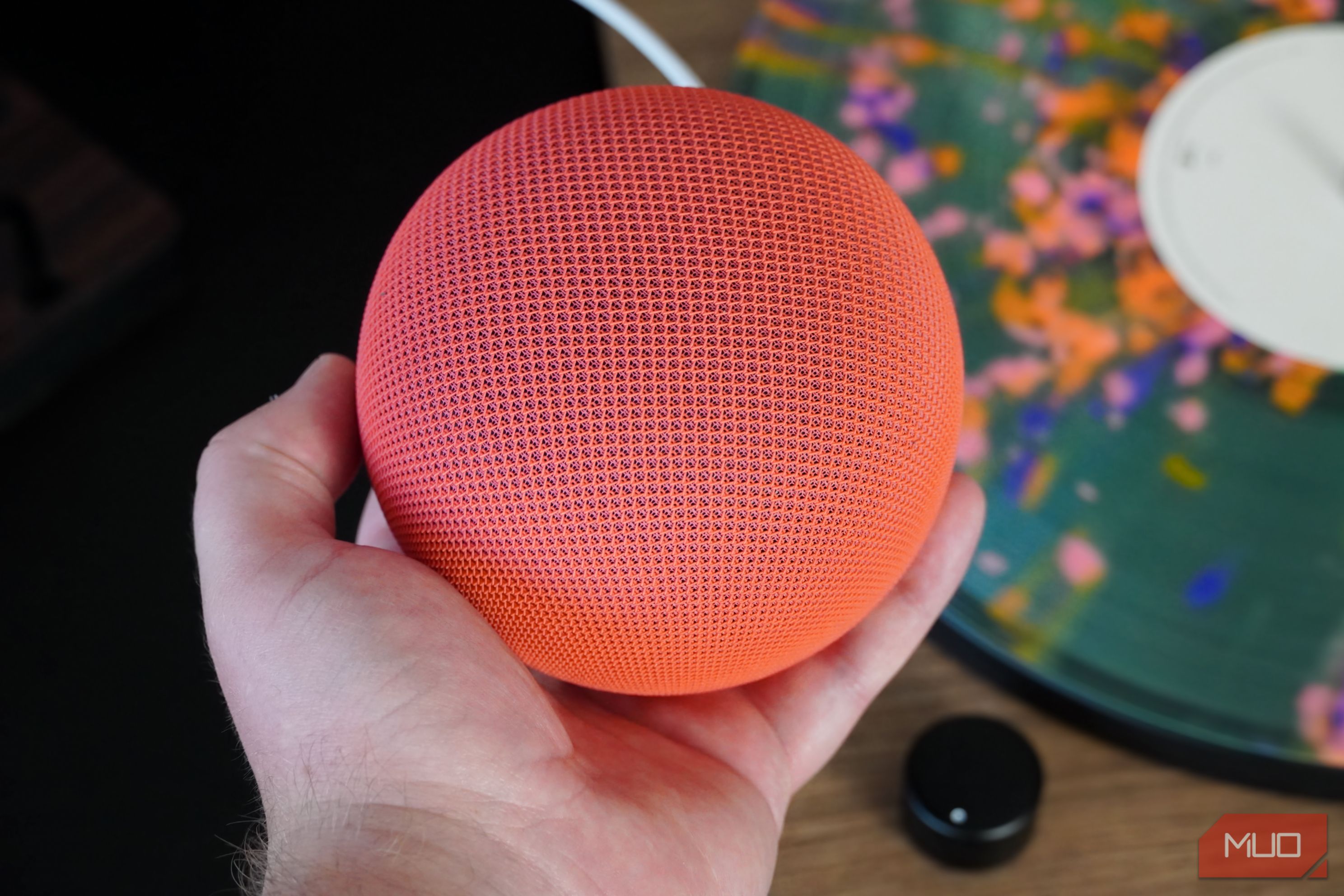 Holding the Google Home Speaker in the hand.