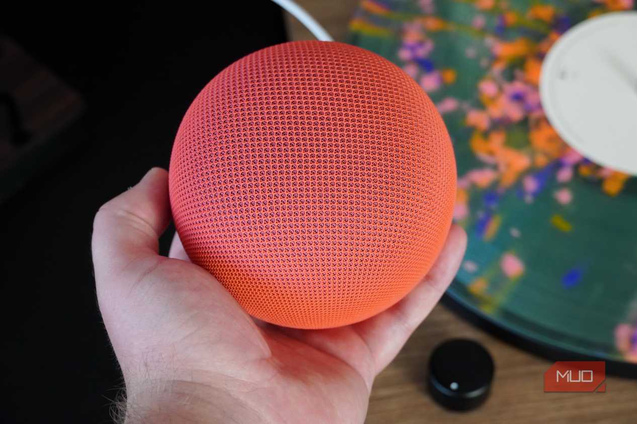 Holding the Google Home Speaker in the hand.