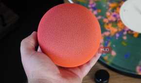 Holding the Google Home Speaker in the hand.