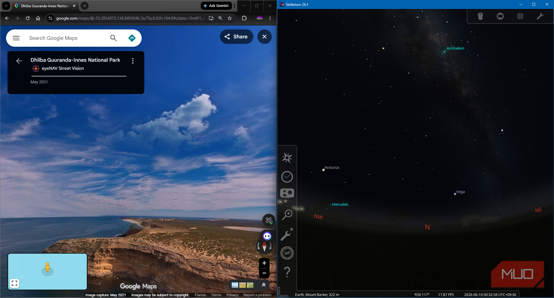 Google Maps Street View with Stellarium with time changed to moonset