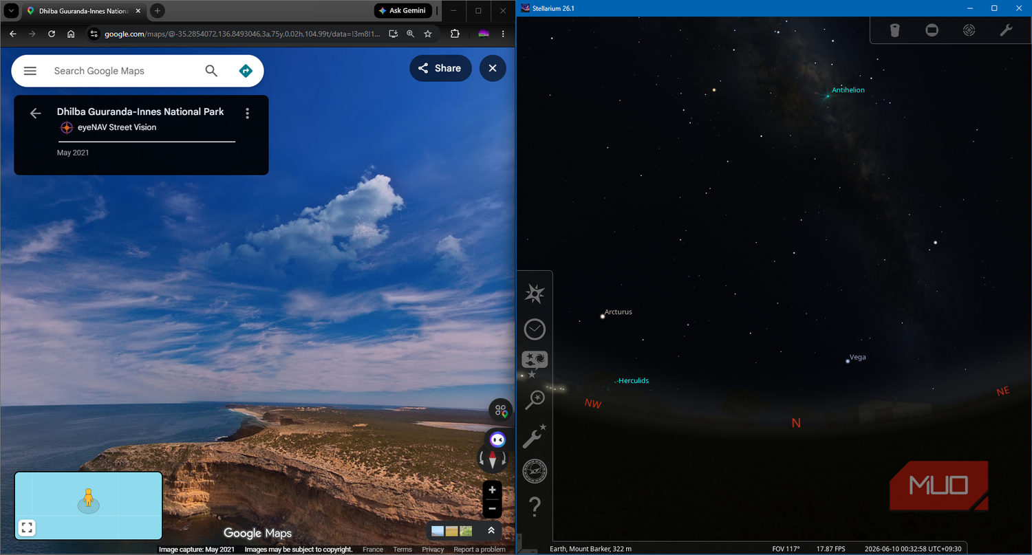 Google Maps Street View with Stellarium with time changed to moonset