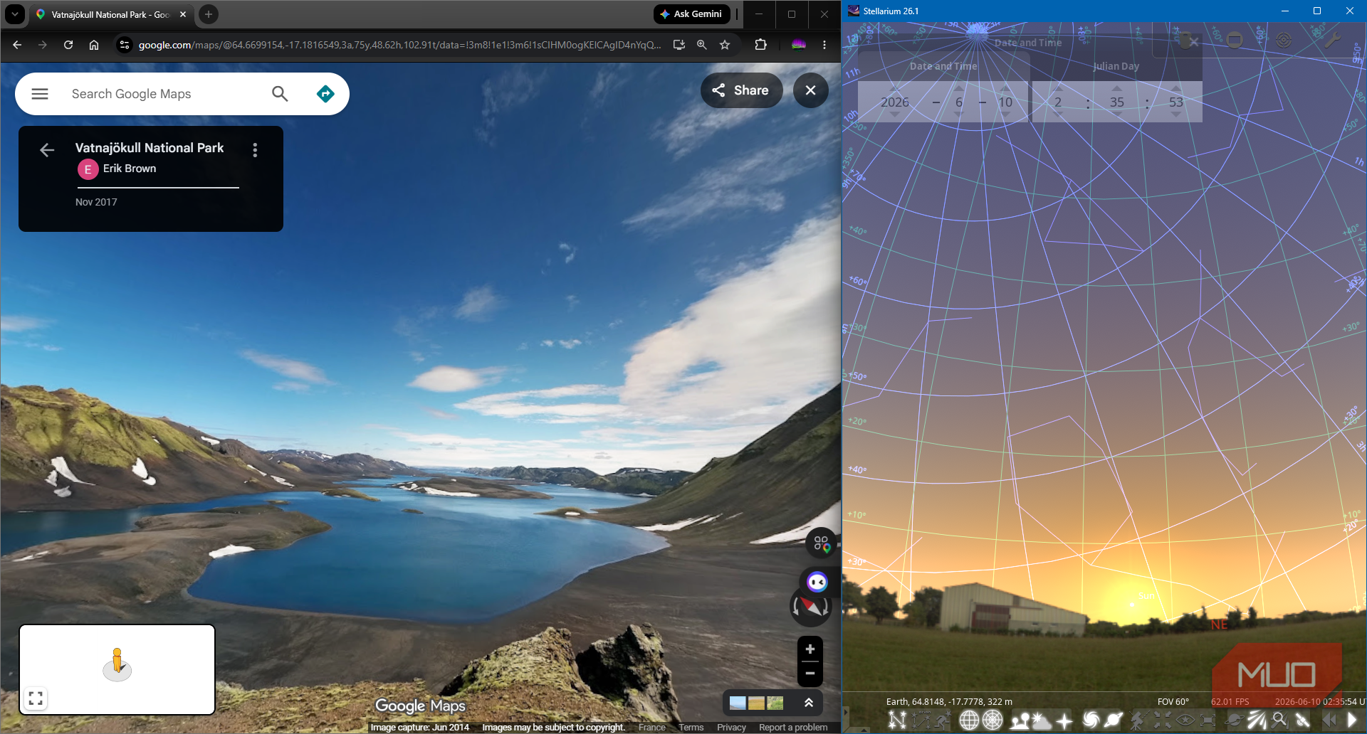Google Maps showing location in Street View and Stellarium showing polar midnight