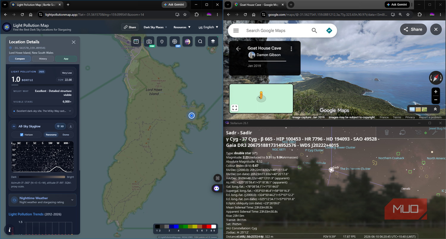 Google Maps, Sellarium, and Light Pollution maps for scouting out a potential photography location