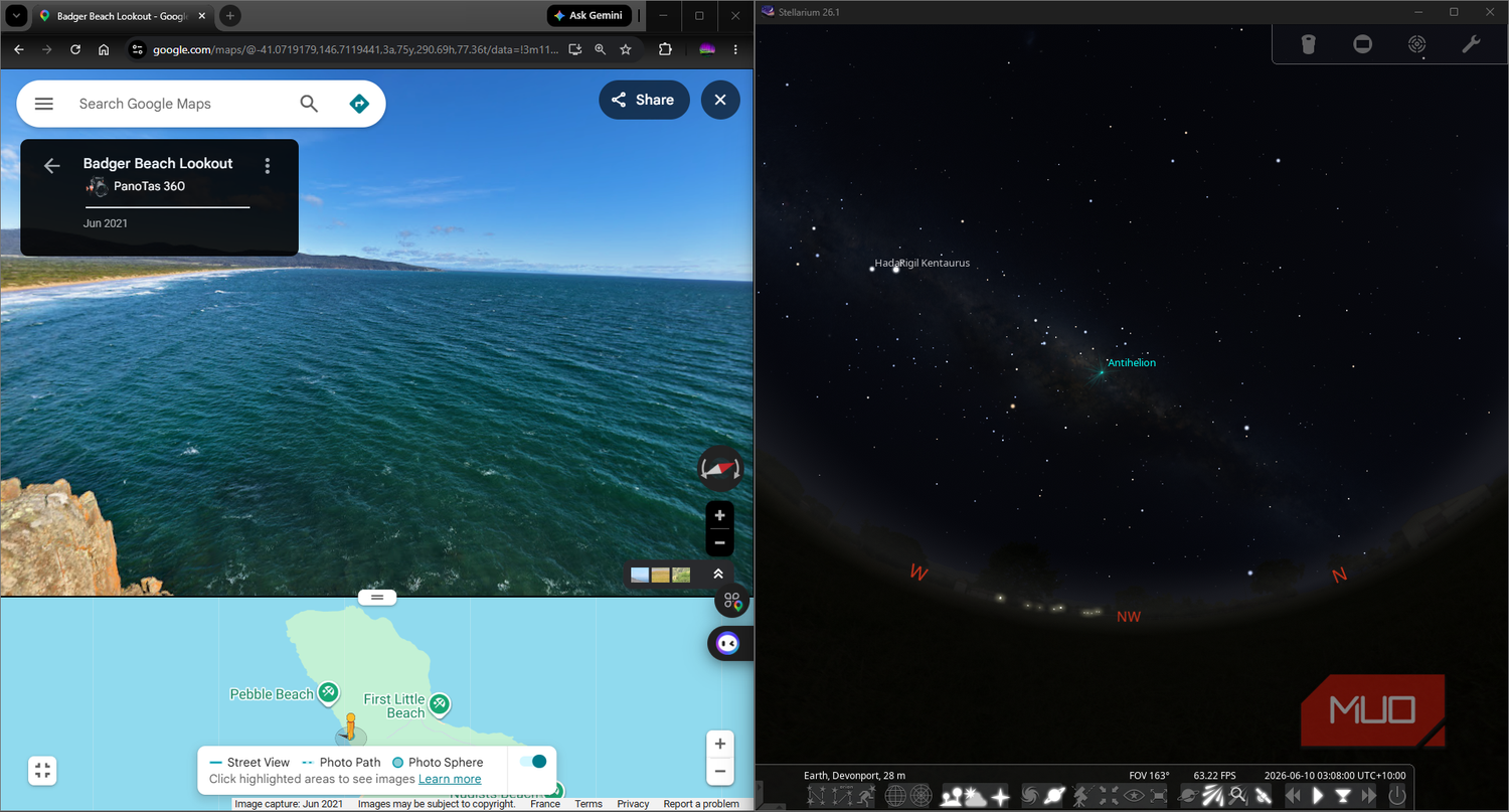 Google Maps with Stellarium showing the night sky at the selected location