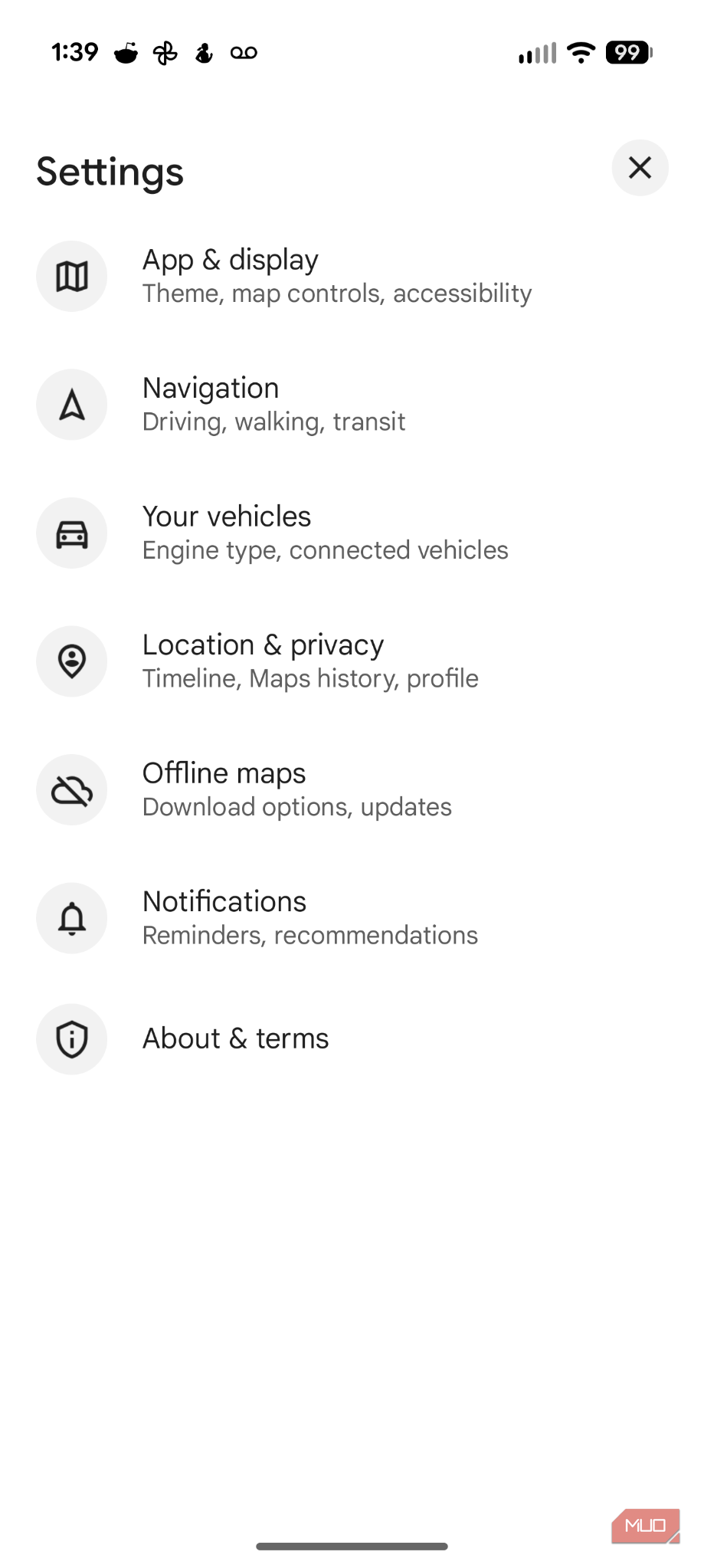 Google Maps settings on Android screenshot.