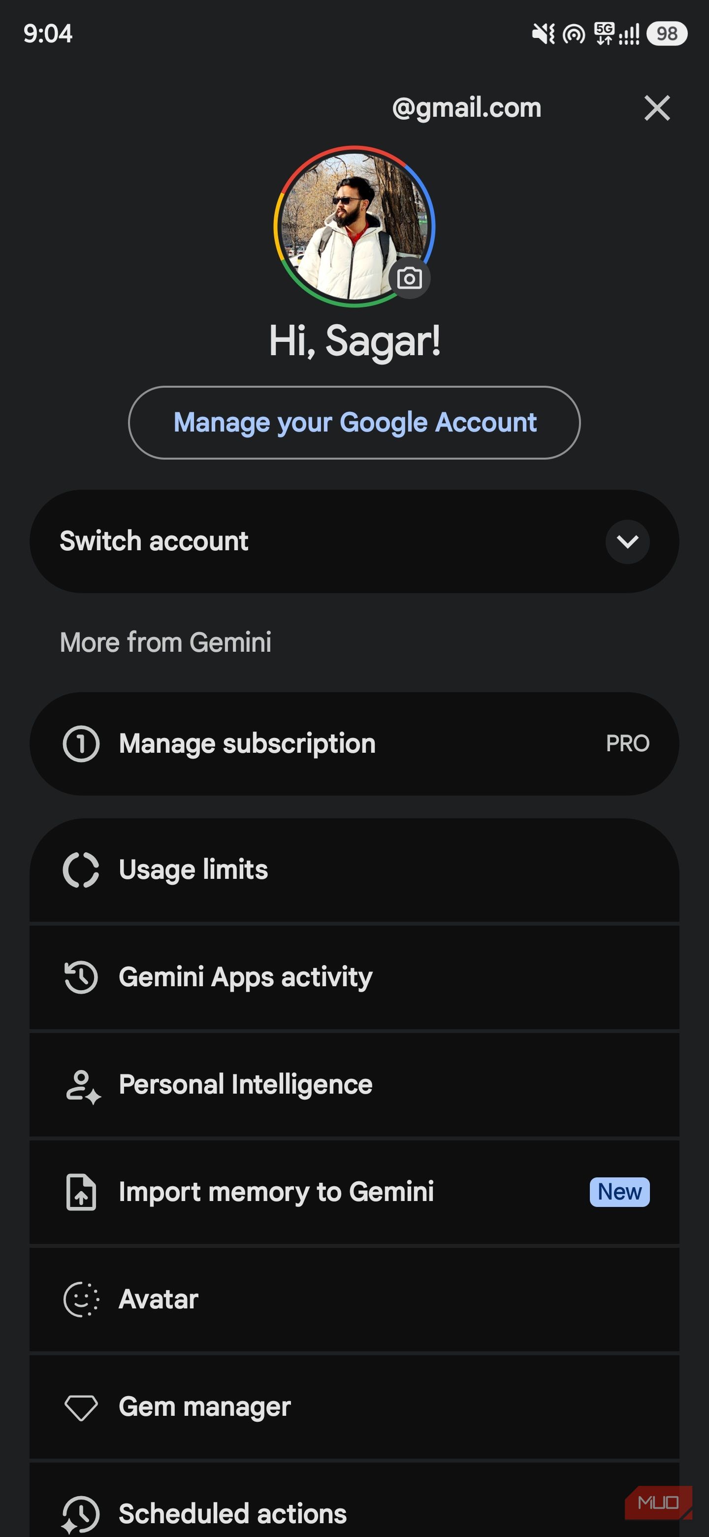 Google account menu in Gemini showing subscription, usage limits, and Personal Intelligence settings