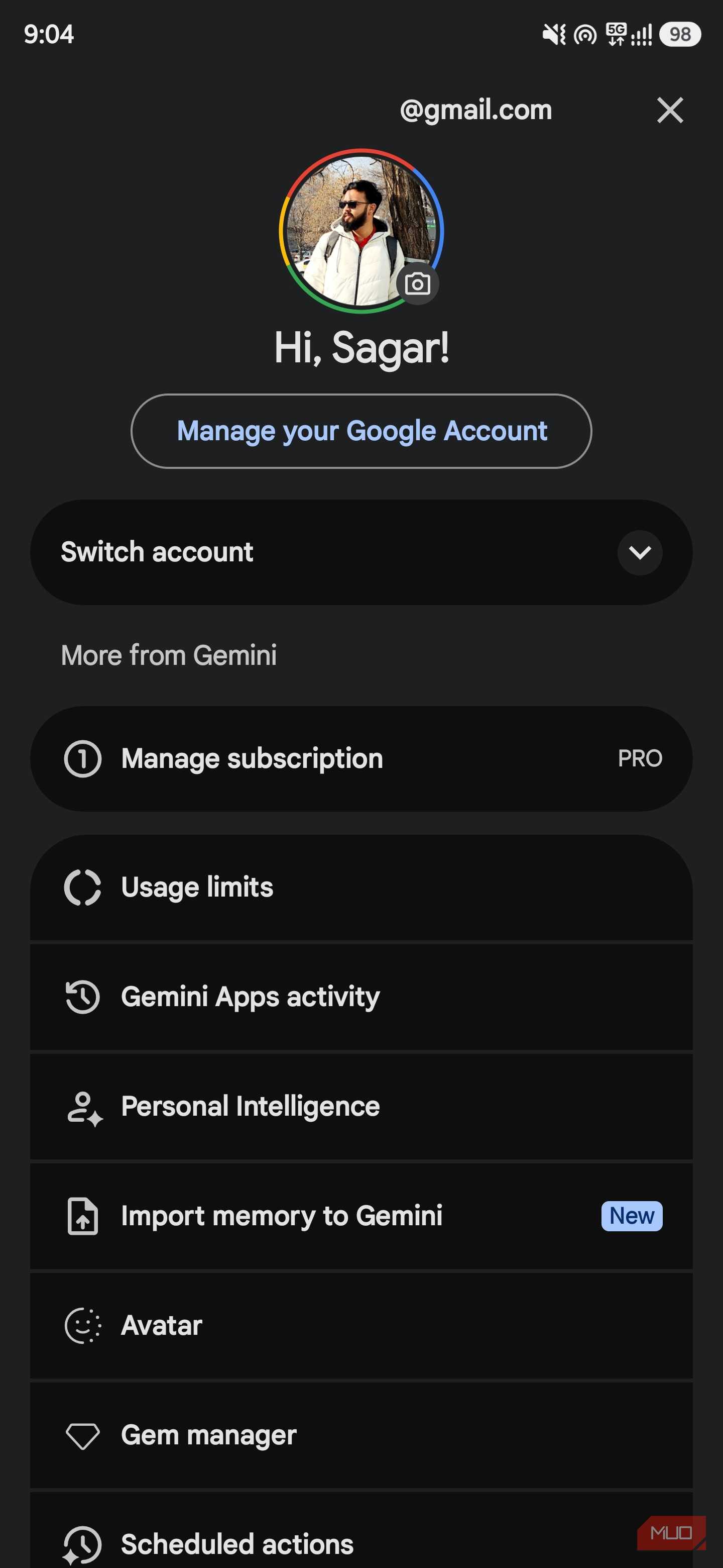 Google account menu in Gemini showing subscription, usage limits, and Personal Intelligence settings