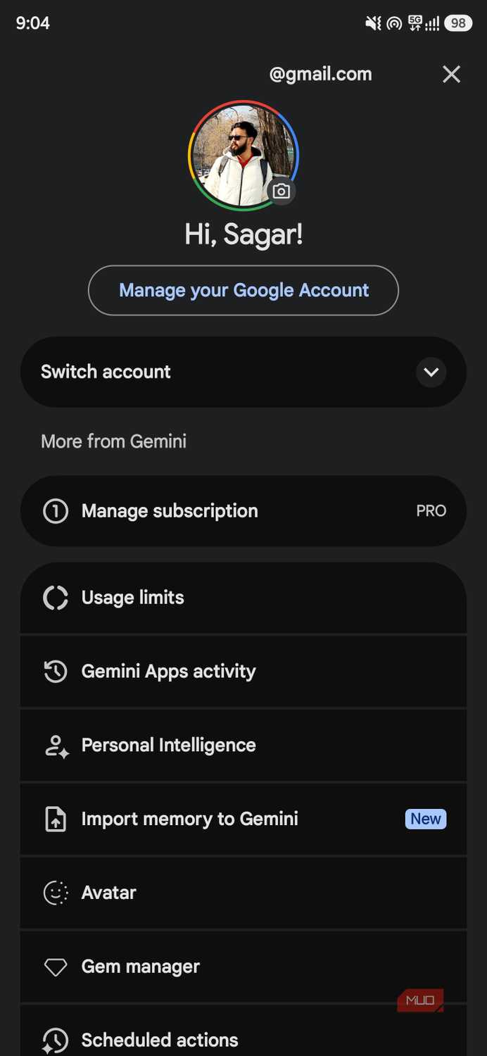 Google account menu in Gemini showing subscription, usage limits, and Personal Intelligence settings
