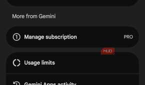Google account menu in Gemini showing subscription, usage limits, and Personal Intelligence settings