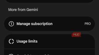 Google account menu in Gemini showing subscription, usage limits, and Personal Intelligence settings