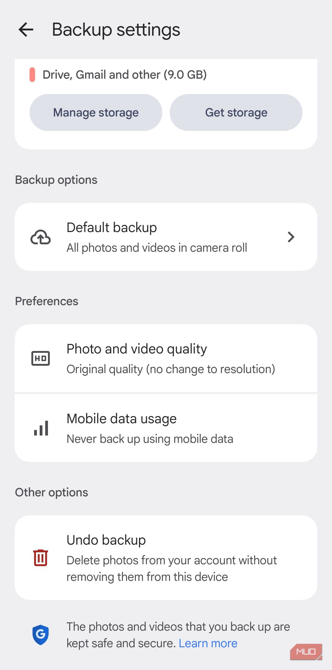 Google Photos app backup menu on Android