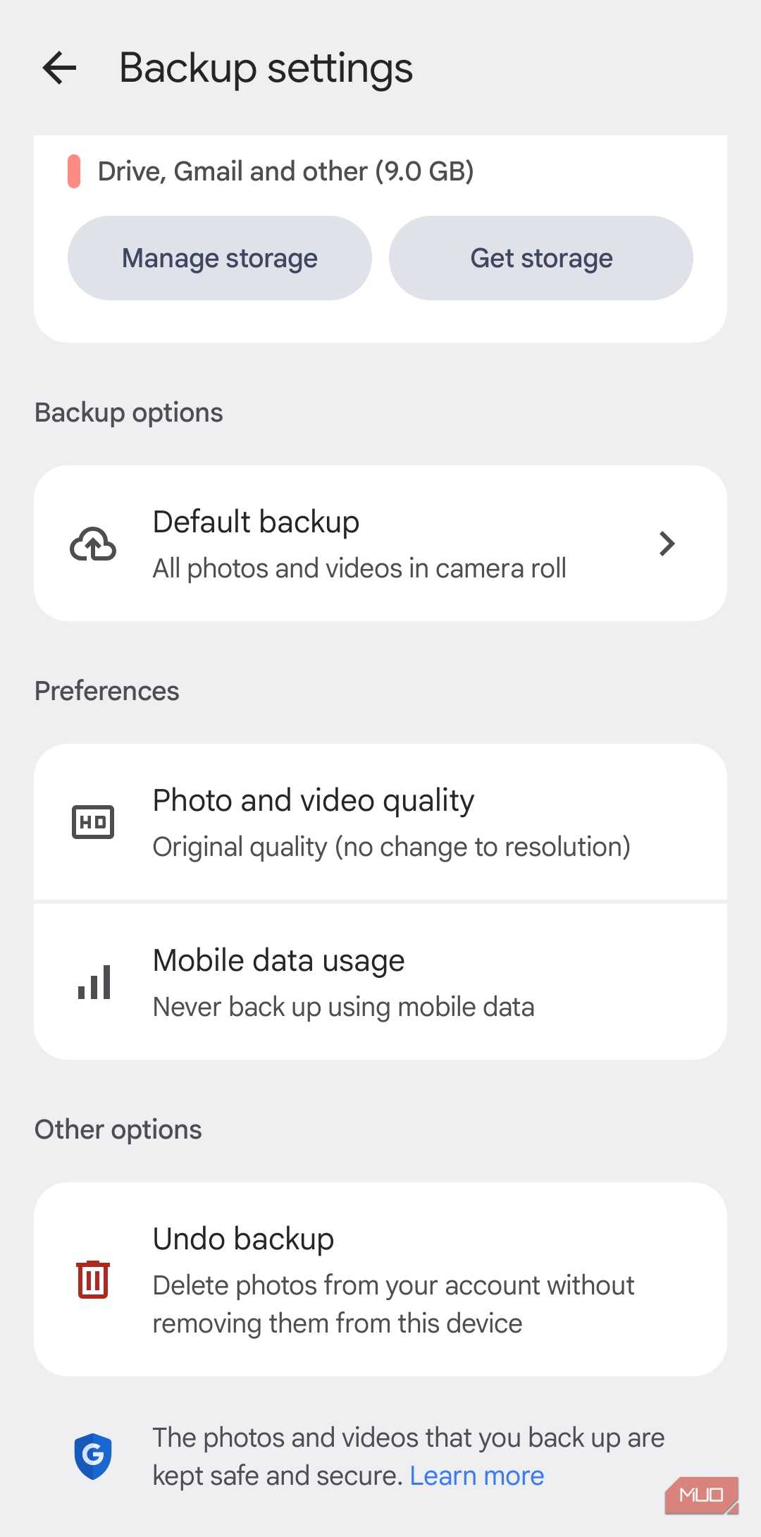 Google Photos app backup menu on Android