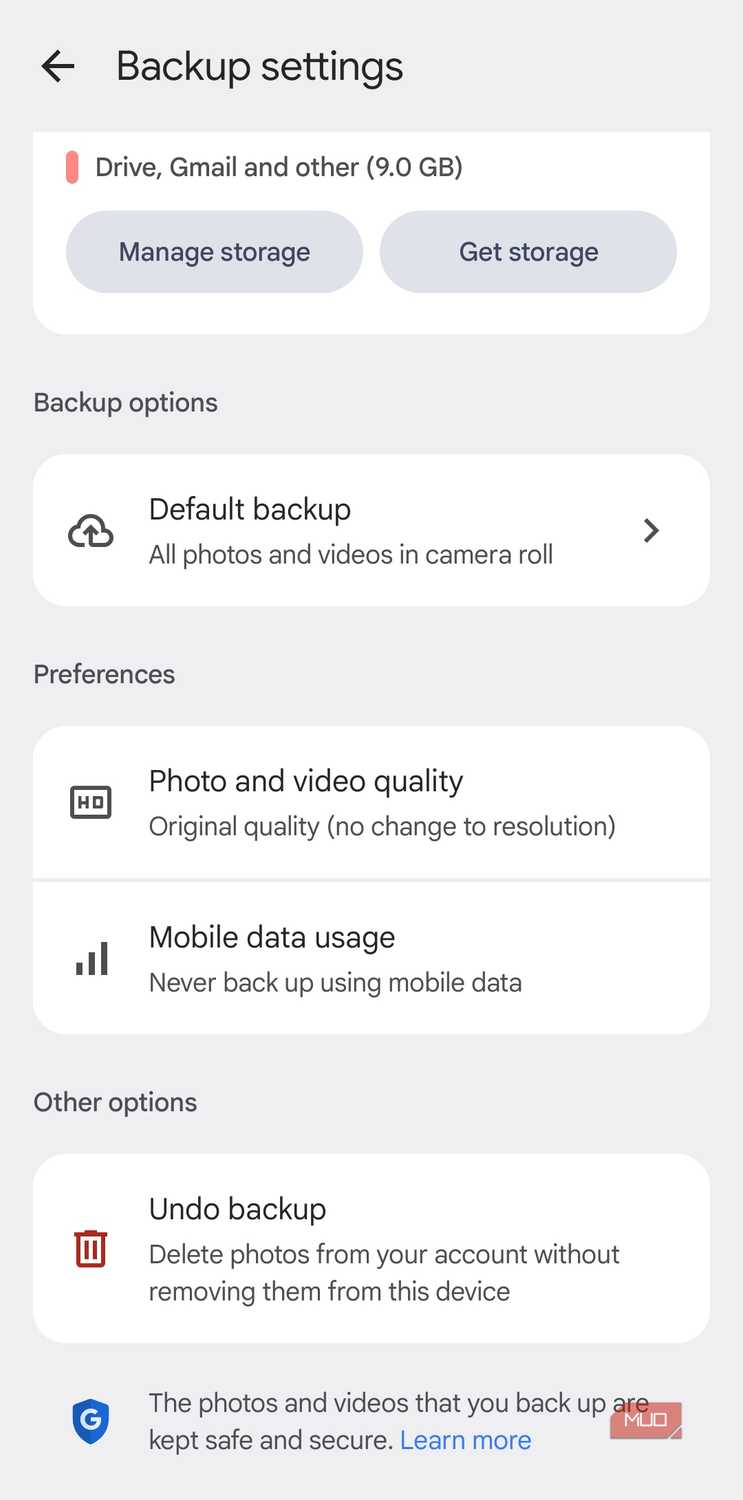 Google Photos app backup menu on Android