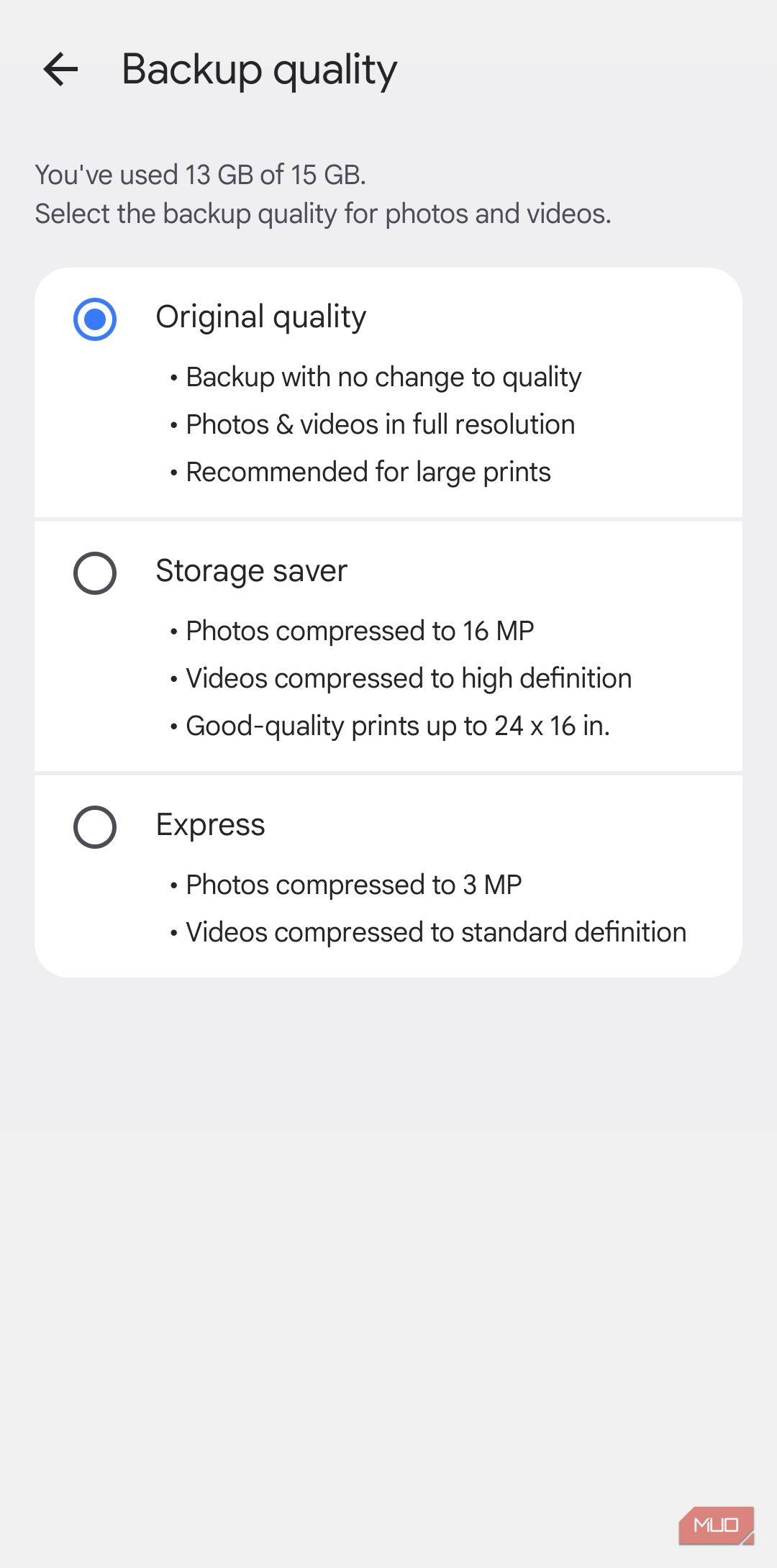 Google Photos app backup quality menu on Android