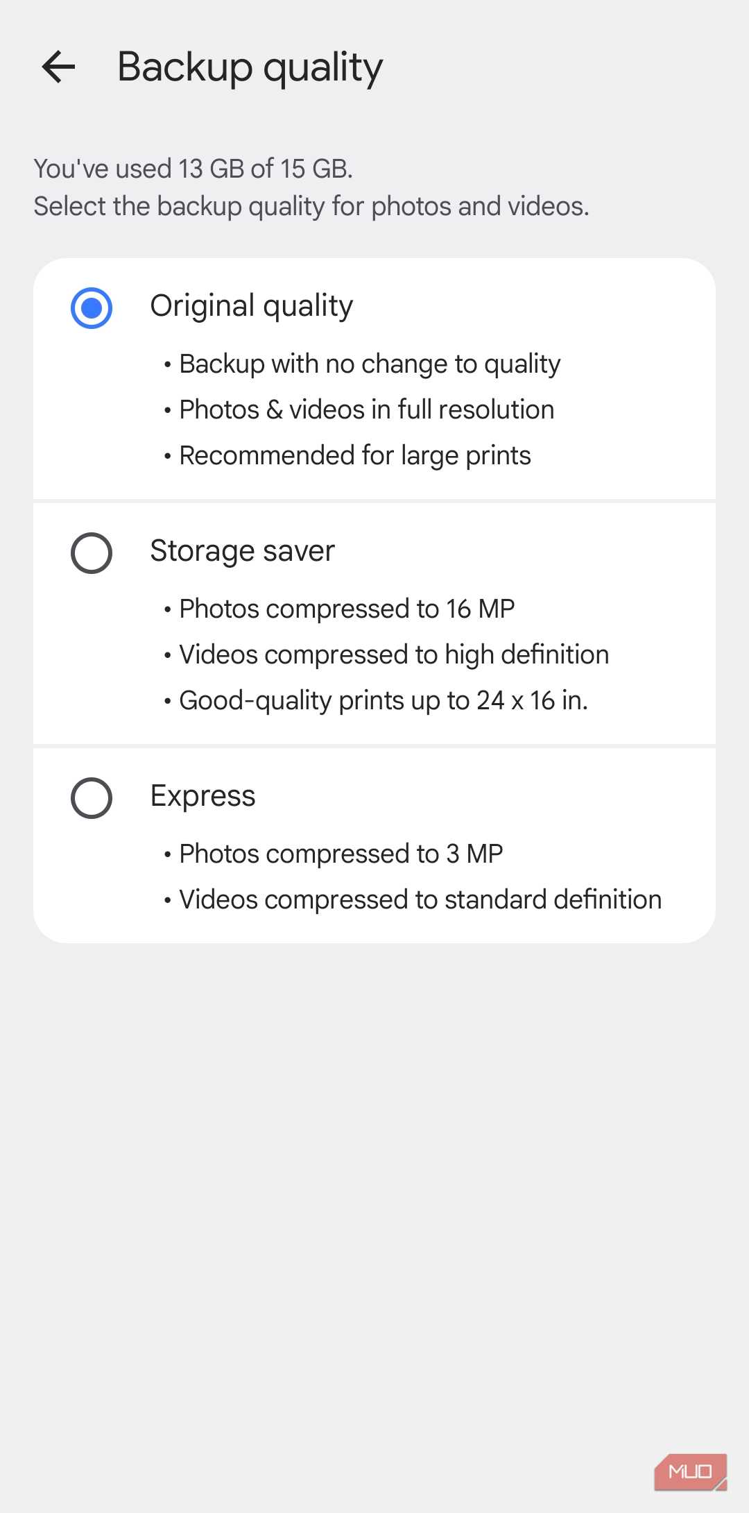 Google Photos app backup quality menu on Android