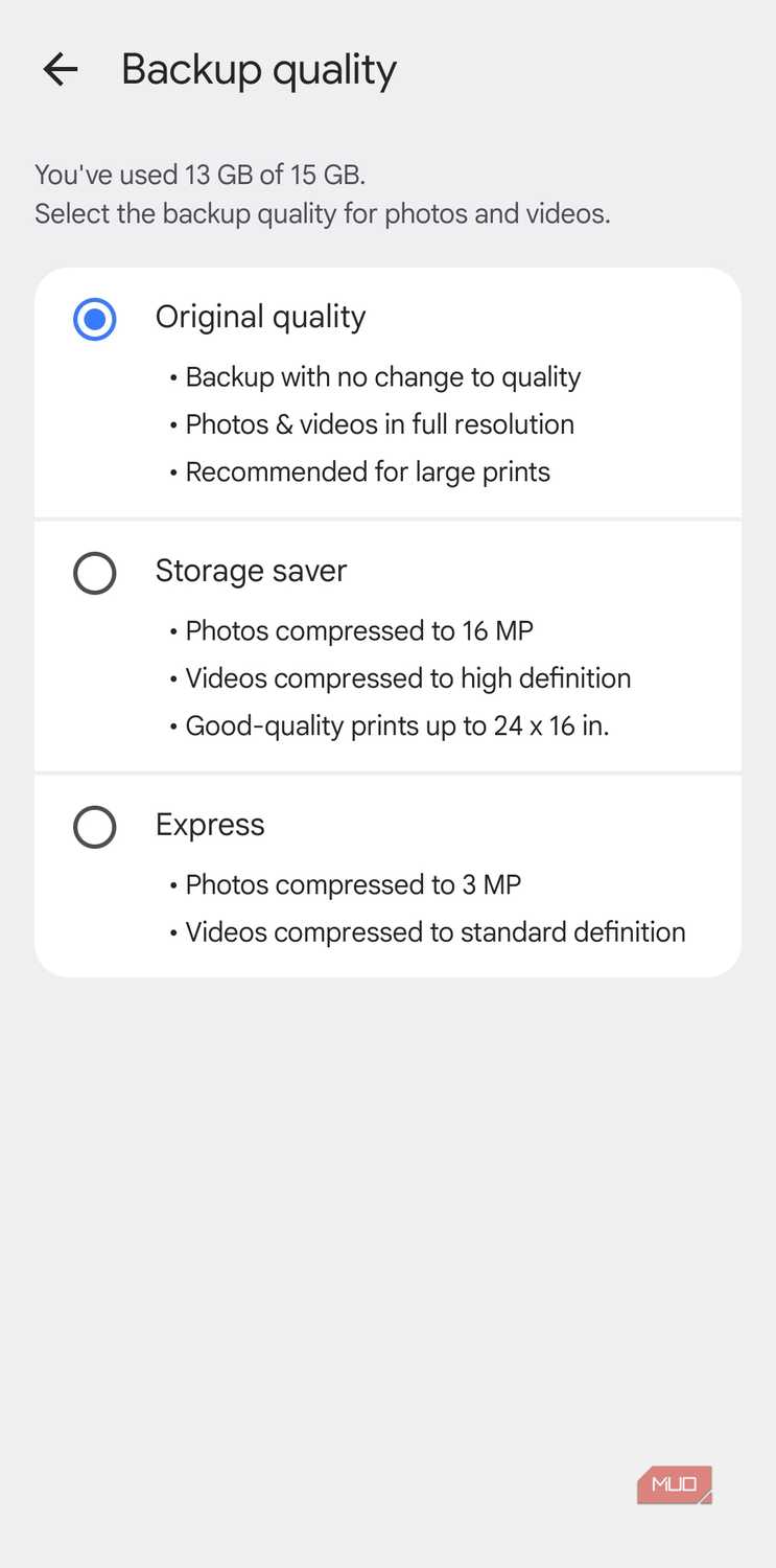 Google Photos app backup quality menu on Android