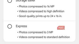 Google Photos app backup quality menu on Android