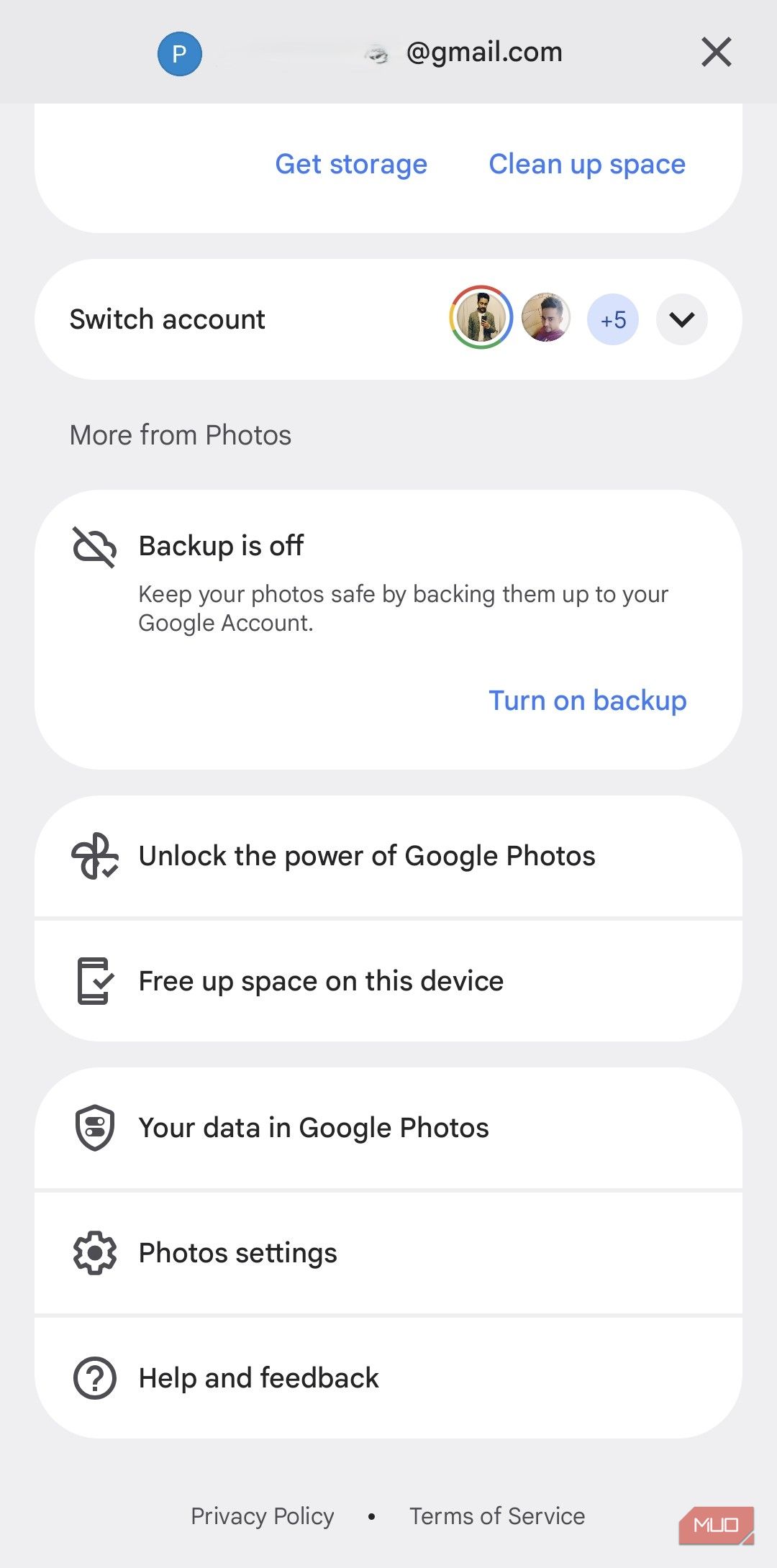 Google Photos app menu on Android