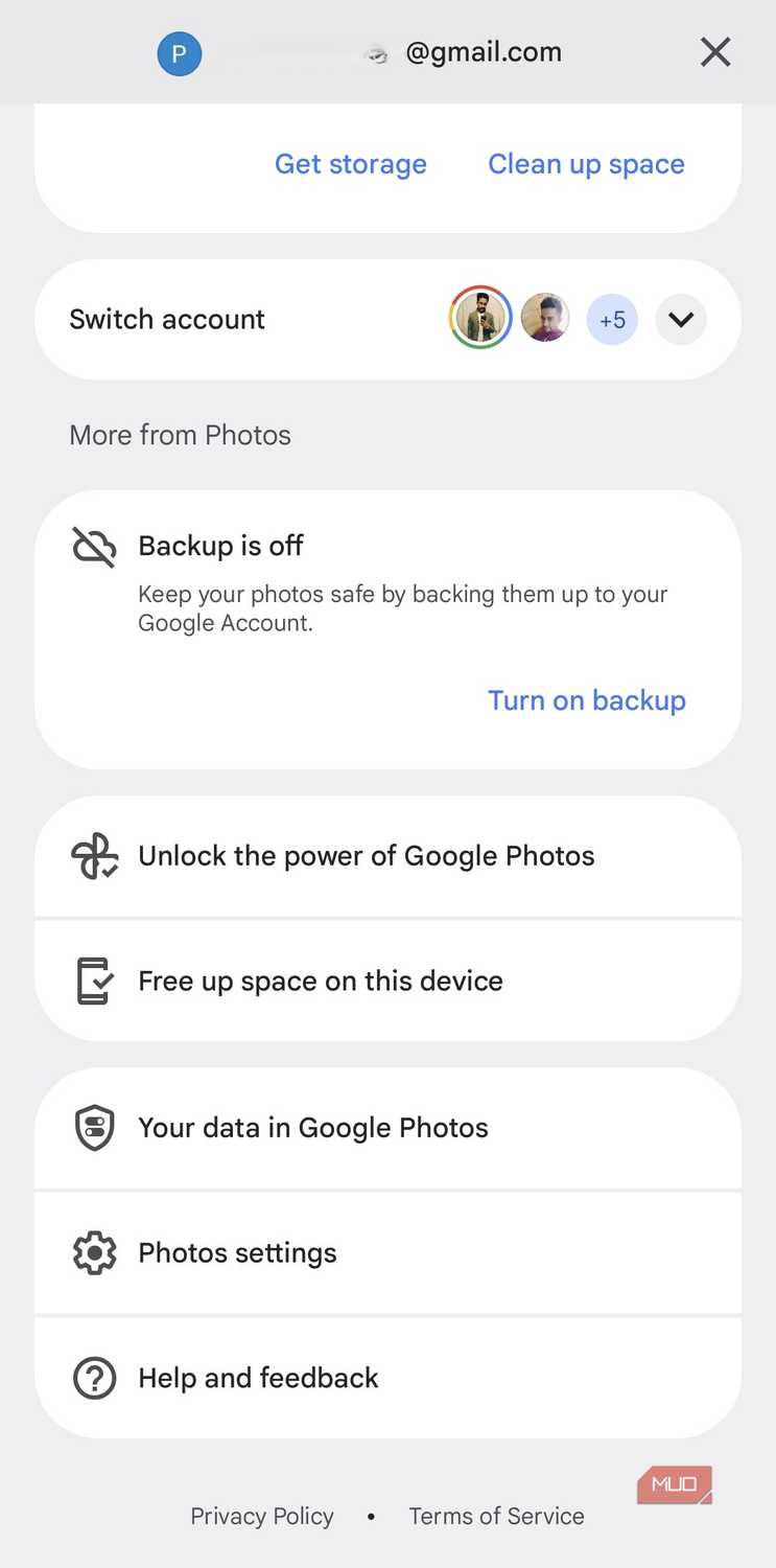 Google Photos app menu on Android