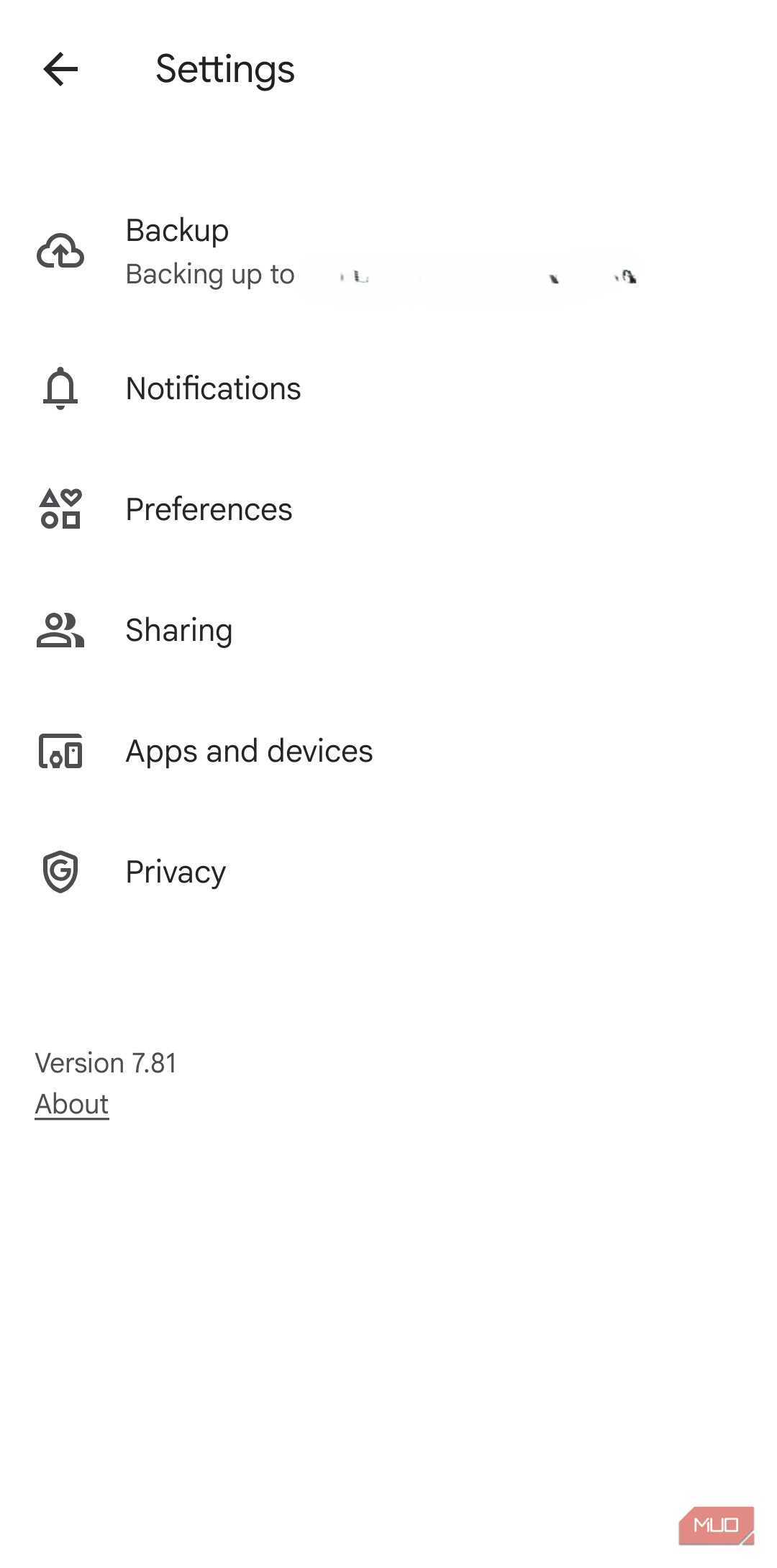 Google Photos app settings menu on Android