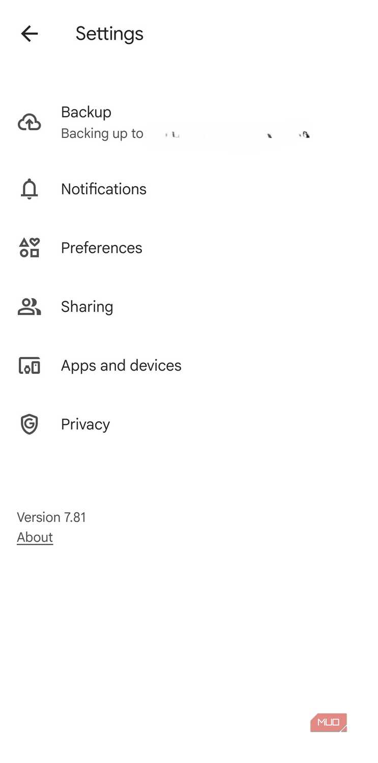 Google Photos app settings menu on Android