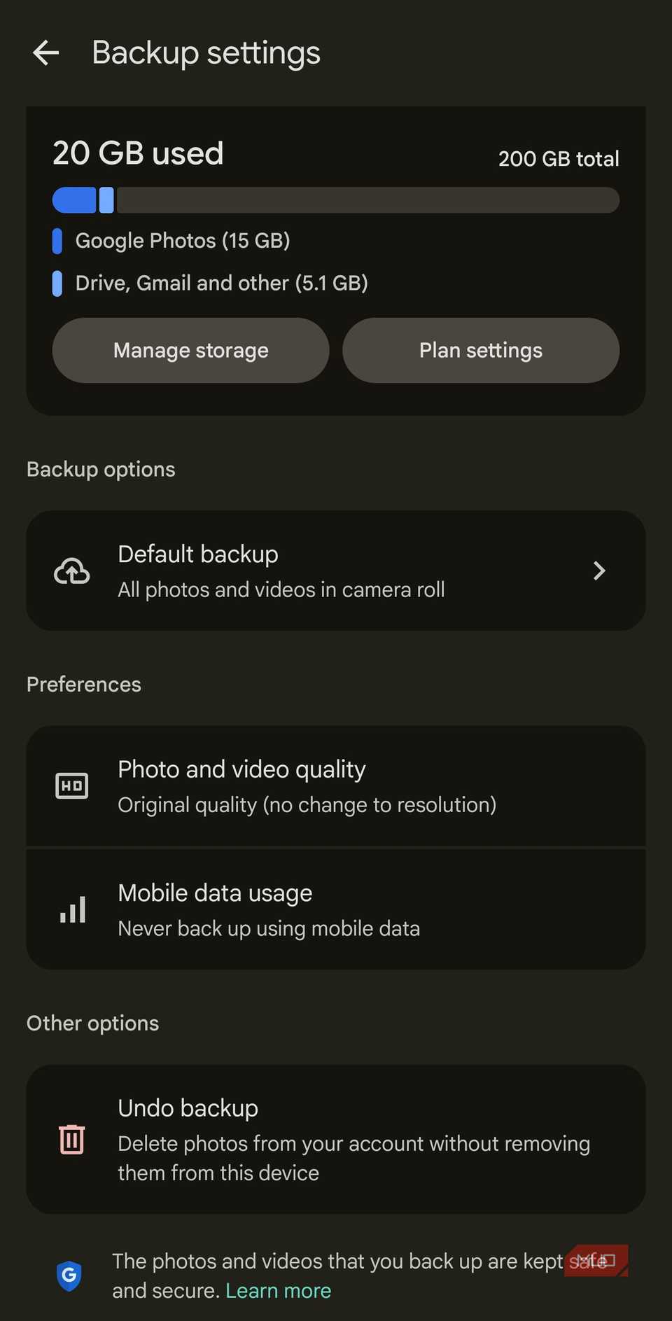 Google photos backup settings and free space