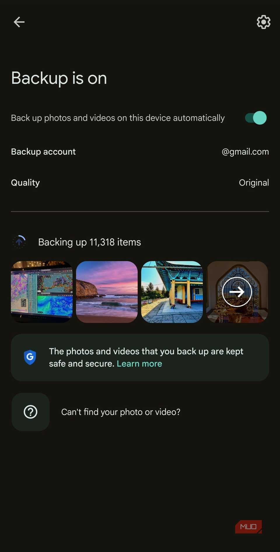Google Photos backups enabled toggle switch